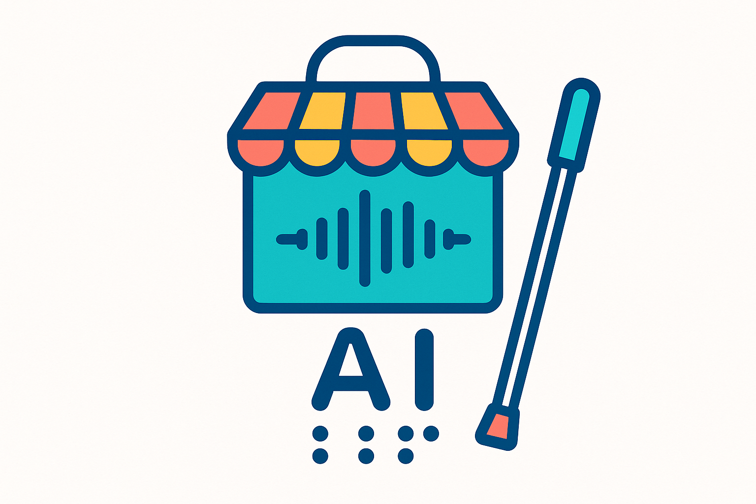Storefront shopping bag with audio waveform; “AI” over Braille dots; white cane—colorful icon for an accessible AI marketplace.